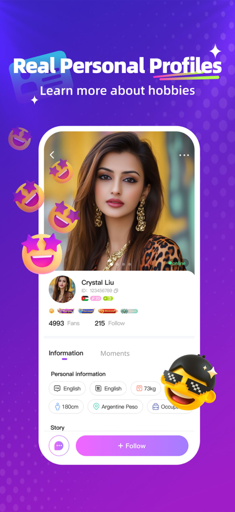 Crush Liveアプリのスクリーンショット。写真と伝記情報を含む詳細な個人プロフィールを表示しています。
