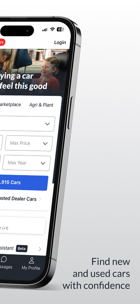 Interface de l'application mobile DoneDeal montrant les filtres de recherche de véhicules et le texte trouver des voitures neuves et d'occasion.
