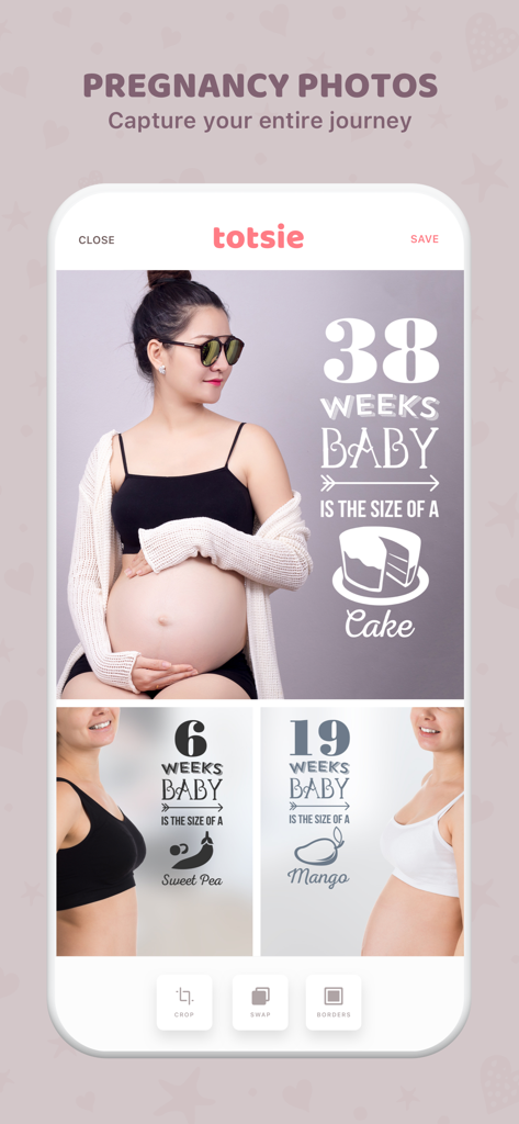 Totsie app interface showing a pregnancy journey collage with baby size comparison stickers like mango and cake
