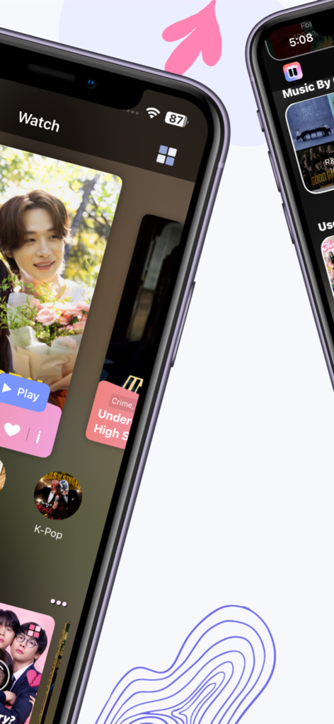 Interfaccia mobile dell'app iPOP che mostra le categorie di contenuti K-drama e K-pop