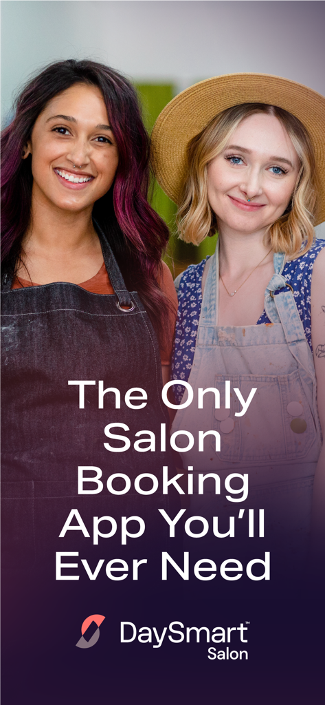 Two happy beauty professionals posing behind text promoting the DaySmart Salon booking app