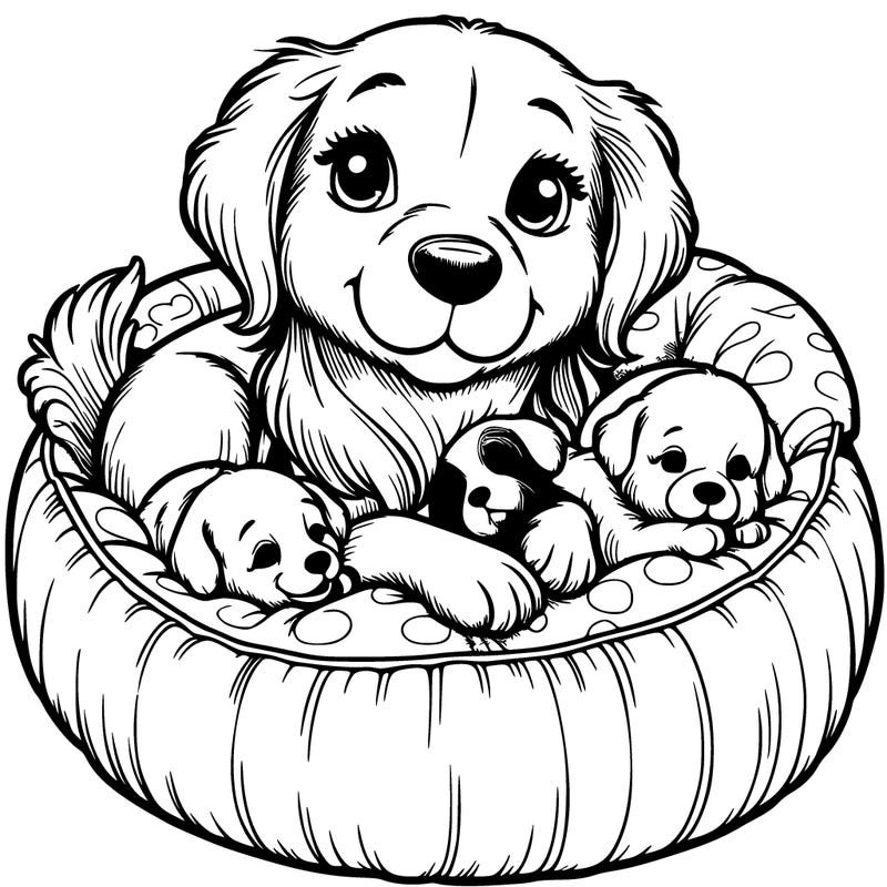 realistic mom dog snuggling with pups in a dog bed