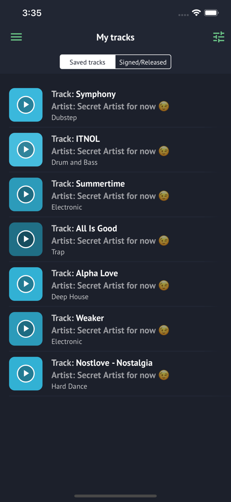 LabelRadar app interface showing a list of saved tracks with artist names and music genres.
