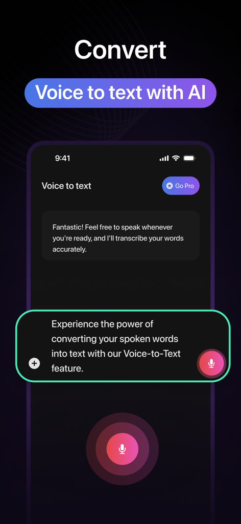 ChatAI app interface showing the voice to text transcription feature with a microphone button
