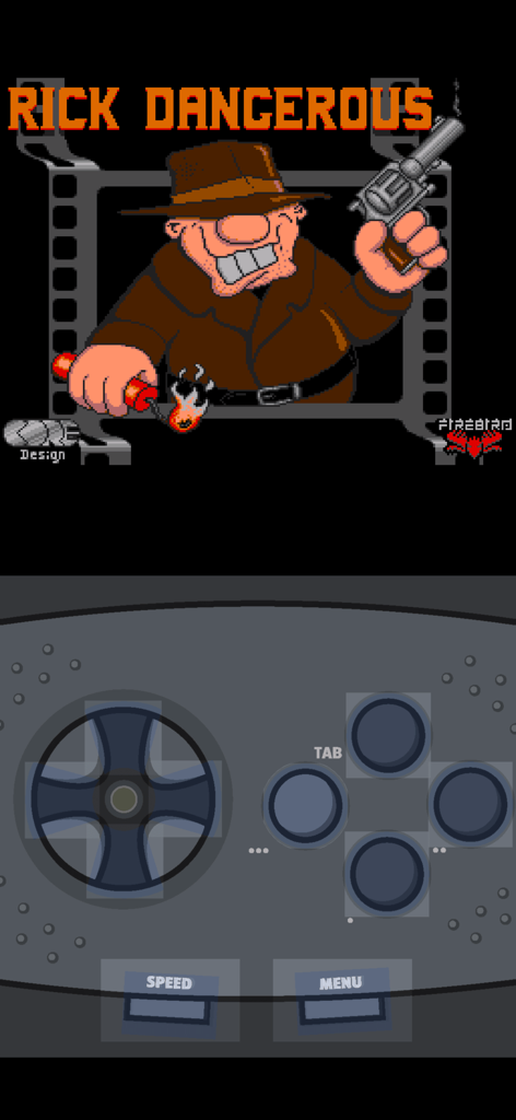 App RetroArch rodando o jogo Rick Dangerous com uma sobreposição de controle virtual na tela