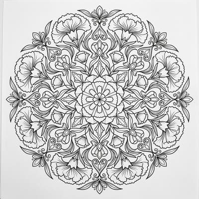 Discover the exquisite detail of this red carnation mandala, a circular design brimming with floral elegance. Perfect for finding your creative flow and relaxation.