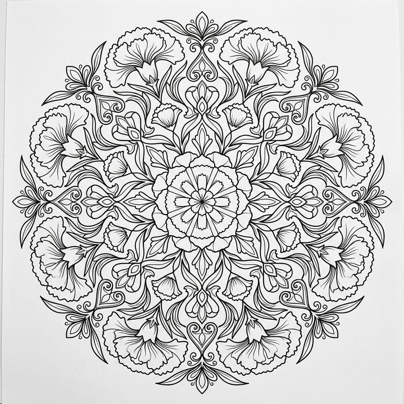Discover the exquisite detail of this red carnation mandala, a circular design brimming with floral elegance. Perfect for finding your creative flow and relaxation.