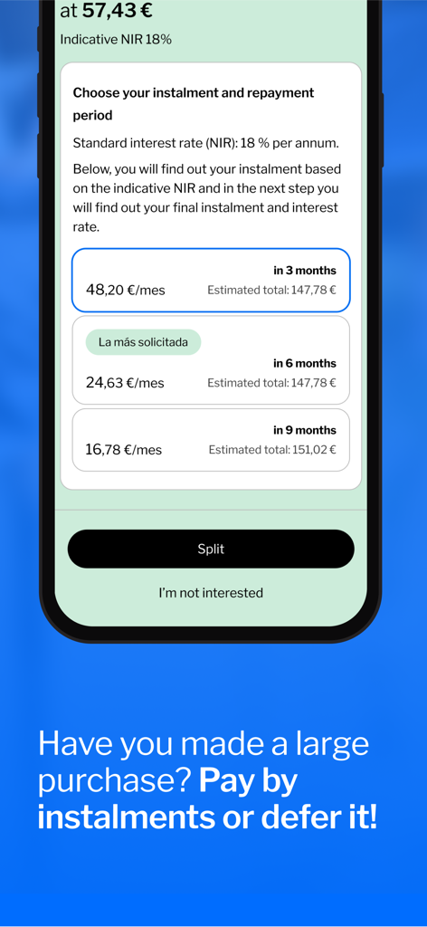 Pantalla de la app móvil de Banco Sabadell mostrando opciones para pagar compras grandes en tres, seis o nueve cuotas