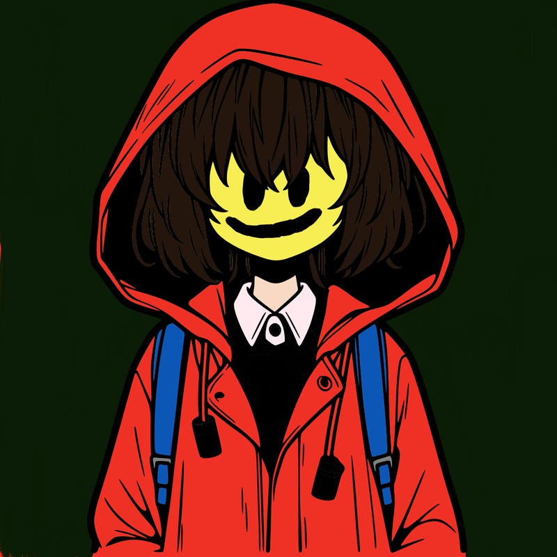 little anime girl in a raincoat her hair is covering her eyes she has a lighter