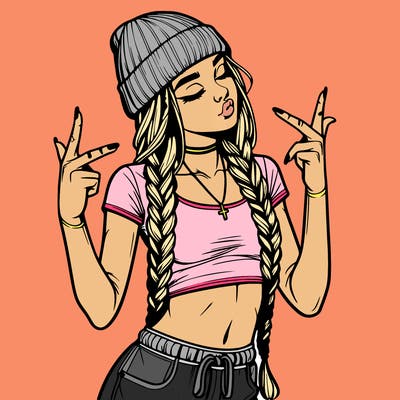 realistic teenage girl with braids and a beanie and crop top doing 🫶🏼