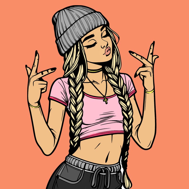 realistic teenage girl with braids and a beanie and crop top doing 🫶🏼