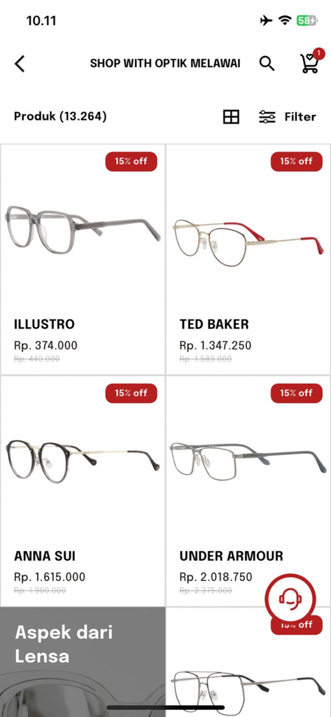 Optik Melawai - Lista de produtos do aplicativo móvel Optik Melawai mostrando várias armações de óculos com etiquetas de desconto