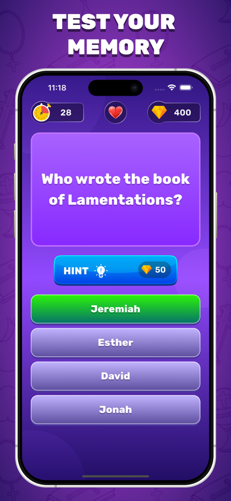 A mobile screen from the Bible Quiz Trivia Game showing a multiple choice question about the author of Lamentations with Jeremiah highlighted as the correct answer.