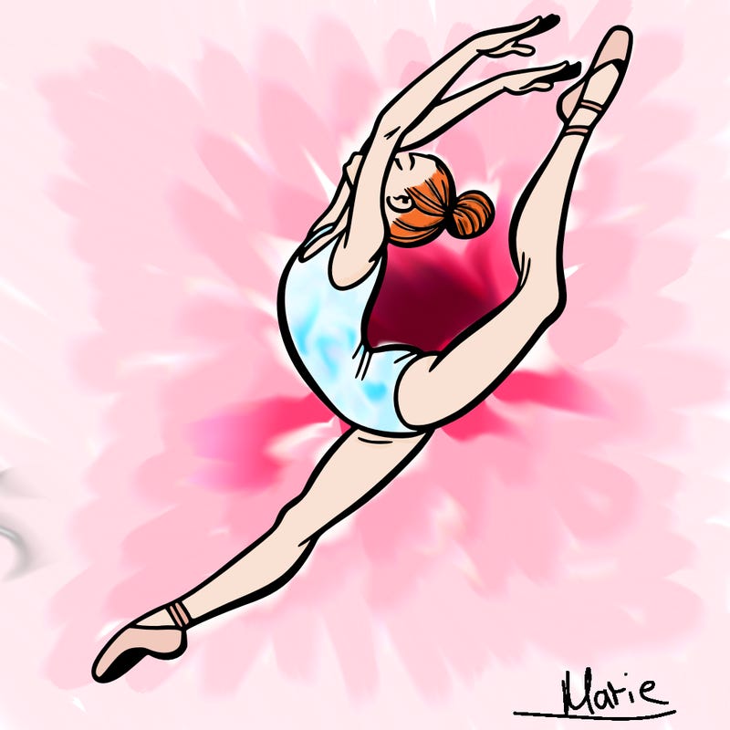 gymnast doing a leap in a leotard with a bent back leg