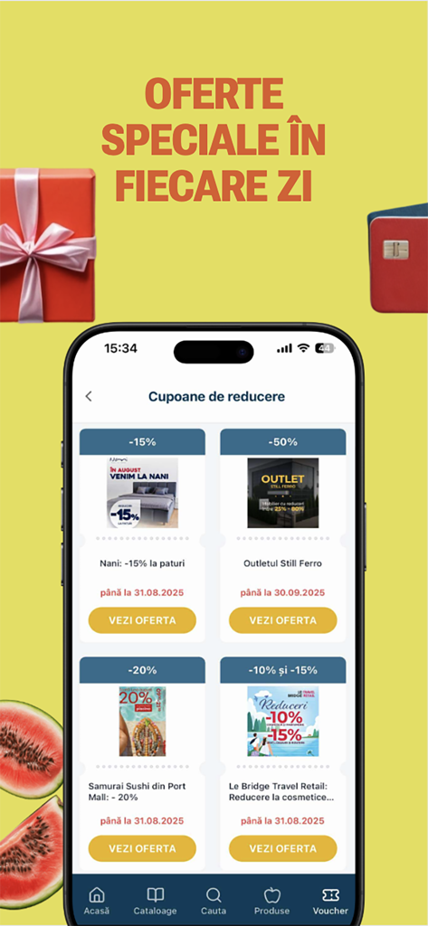 CROCO.md - Pantalla de la aplicación móvil que muestra una lista de ofertas especiales diarias y cupones de descuento para varias categorías.