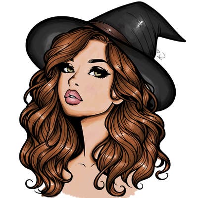 realistic witch girl with wavy hair and lips