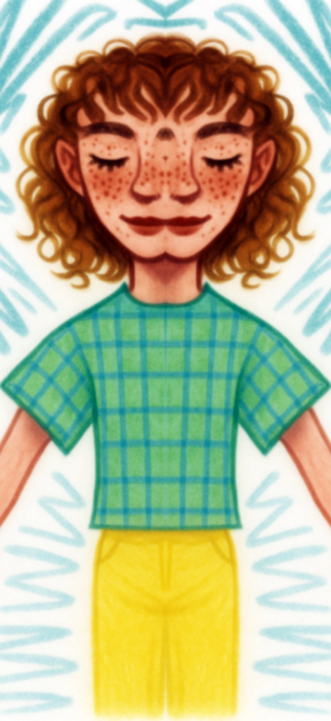 Symmetry Painter - Una pintura digital perfectamente simétrica de un personaje pecoso con cabello rizado vistiendo una camisa a cuadros y pantalones amarillos.