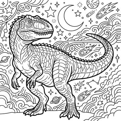 Step into a world where prehistoric might meets cosmic wonder with our Giganotosaurus Night Sky coloring page. This intricate design features the formidable dinosaur amidst a captivating backdrop of stars, moons, and celestial phenomena, perfect for a relaxing coloring escape.