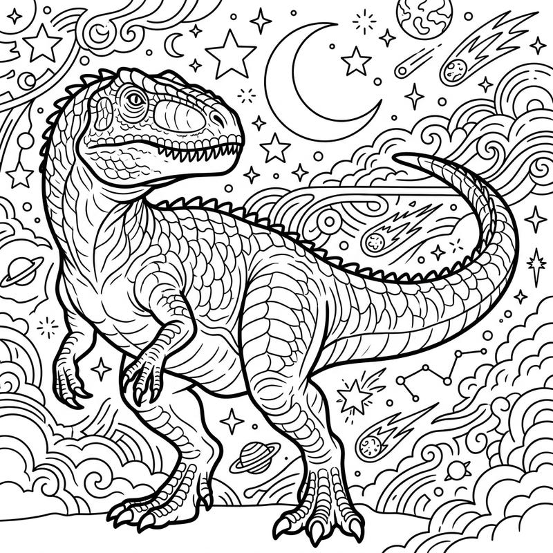Step into a world where prehistoric might meets cosmic wonder with our Giganotosaurus Night Sky coloring page. This intricate design features the formidable dinosaur amidst a captivating backdrop of stars, moons, and celestial phenomena, perfect for a relaxing coloring escape.