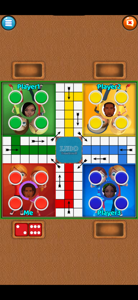 Naija Ludo - A digital Ludo board game screen showing four player quadrants with avatars and a pair of dice on a wooden texture background