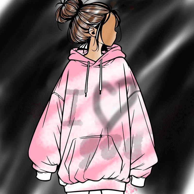realistic girl with a oversized sweatshirt on and a bun