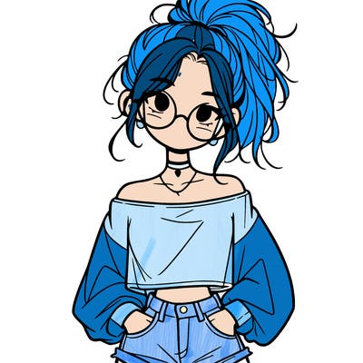 girl with a messy ponytail glasses a baggy crop top and jean shorts