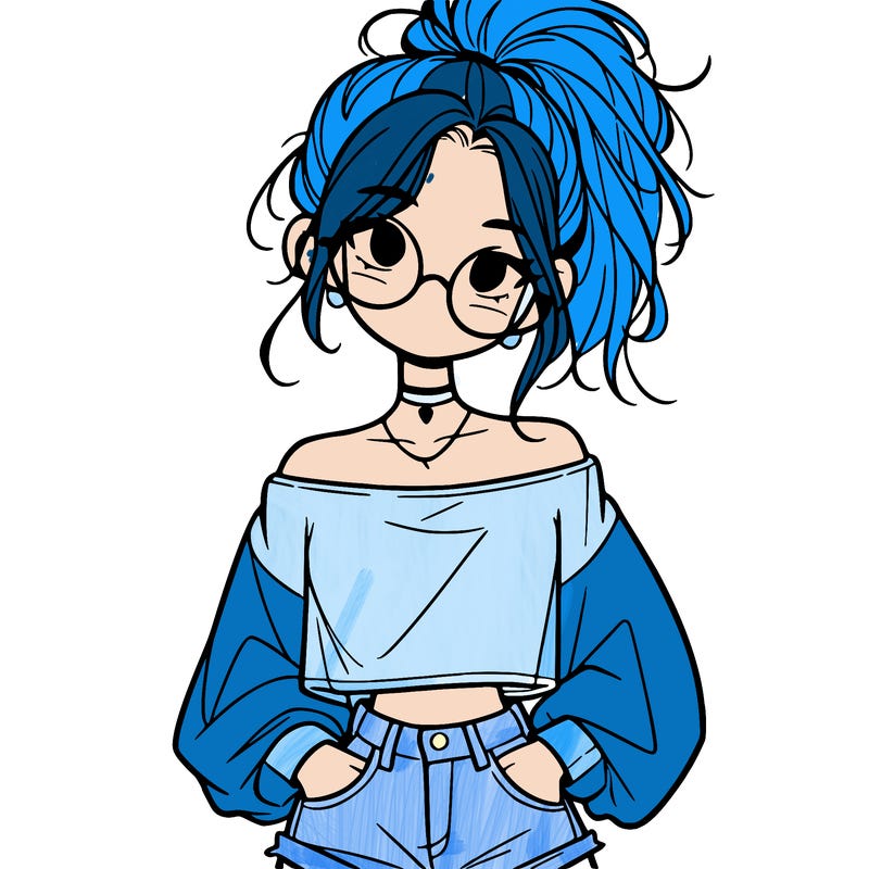 girl with a messy ponytail glasses a baggy crop top and jean shorts