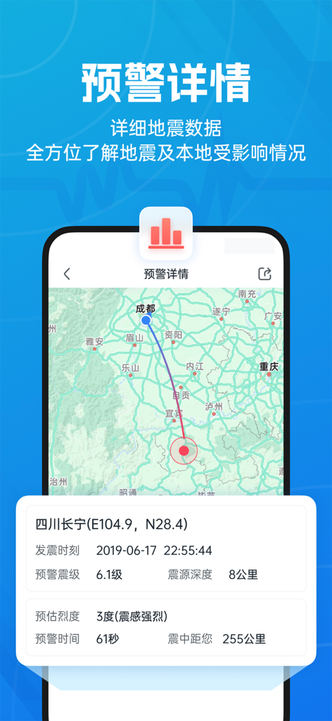 地震预警-倒计时警报 - Smartphone screen showing earthquake early warning details with a map indicating the epicenter and user location.