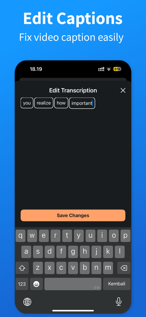 Captions AI ™ - Interface do aplicativo Captions AI mostrando a tela Editar Transcrição para corrigir legendas de vídeo facilmente