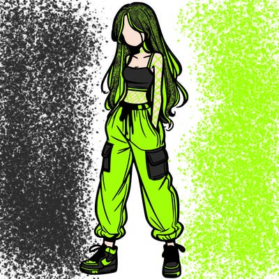 girl in baggy pants crop top and long hair