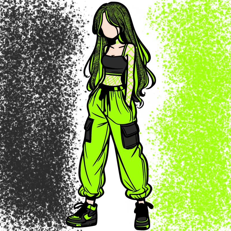 girl in baggy pants crop top and long hair