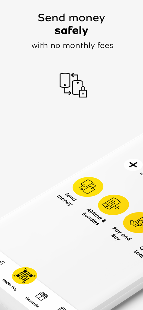 MTN MoMo SA - Interfaz de la aplicación móvil MTN MoMo SA promoviendo transferencias de dinero seguras sin cuotas mensuales e iconos para paquetes de tiempo de aire y pagos