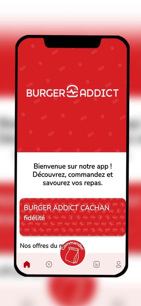 Burger Addict - Welcome screen of the Burger Addict mobile app showing the brand logo and order options