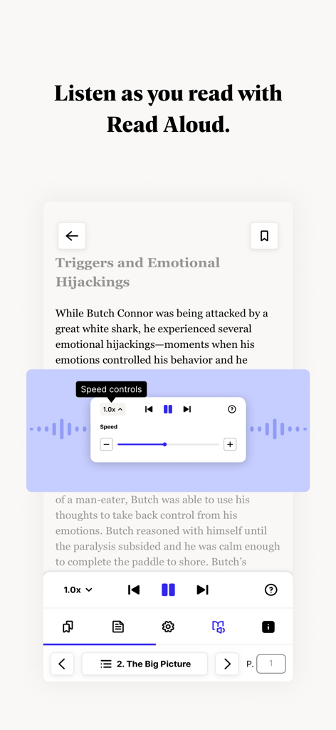 Perlego: Books & Textbooks - Perlego app interface displaying the Read Aloud text-to-speech feature with audio playback and speed controls over a textbook page