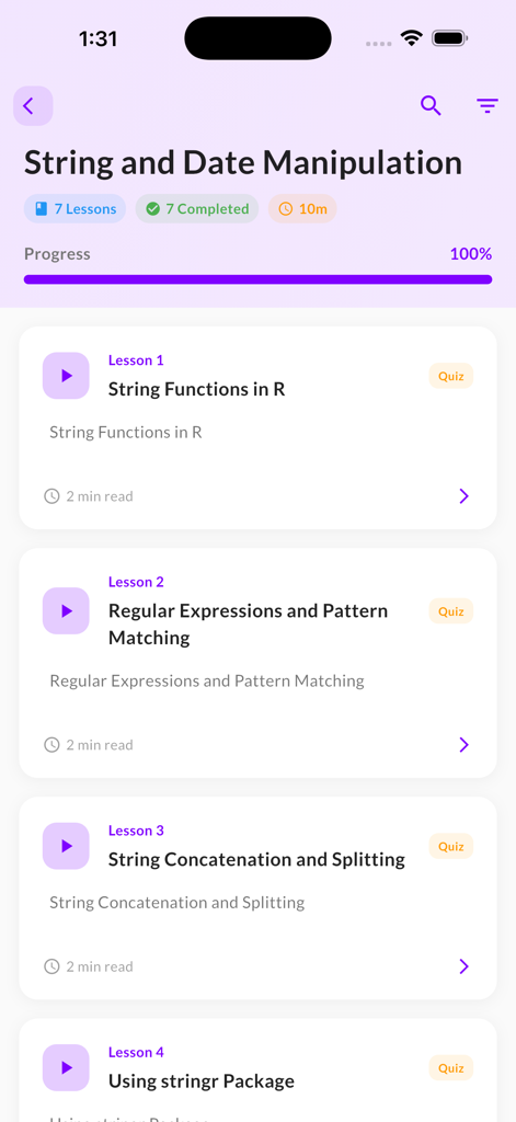 Learn R Programming: AI Tutor - List of R programming lessons for string and date manipulation with progress tracking.