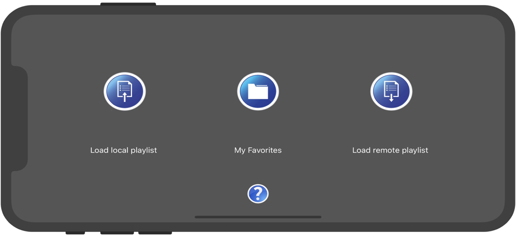 IPTV fast app home screen with buttons for loading local playlists favorites and remote playlists