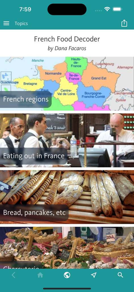 French Food Decoder - Pantalla principal de temas de la aplicación French Food Decoder con secciones para regiones francesas, salir a comer y productos de panadería.