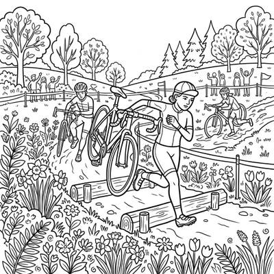 Experience the excitement of a cyclocross race as riders tackle challenging obstacles in a vibrant spring setting. This engaging coloring page captures the energy and beauty of the sport amidst blooming flowers and lush greenery.