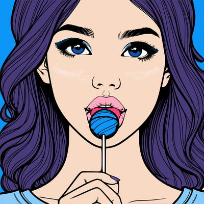 a realistic girl with a lollipop in her mouth