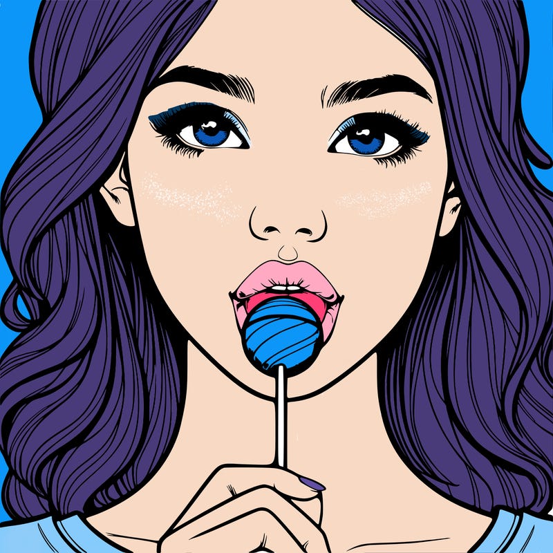 a realistic girl with a lollipop in her mouth