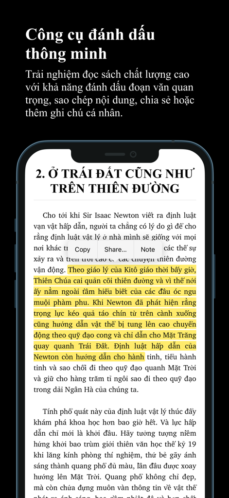 Interfaz de VnBuk Premium que muestra texto vietnamita resaltado con opciones para copiar, compartir o agregar notas.