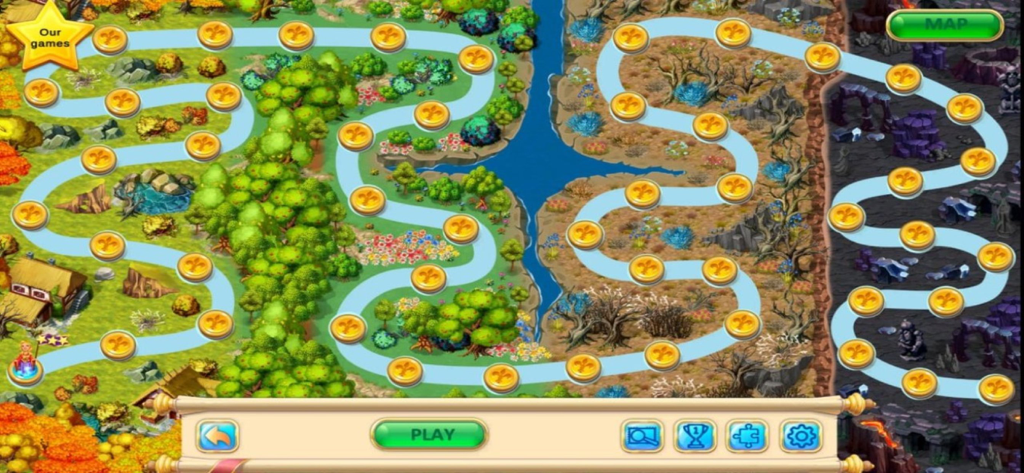 Level selection map showing a path through different magical biomes in Gnomes Garden 10