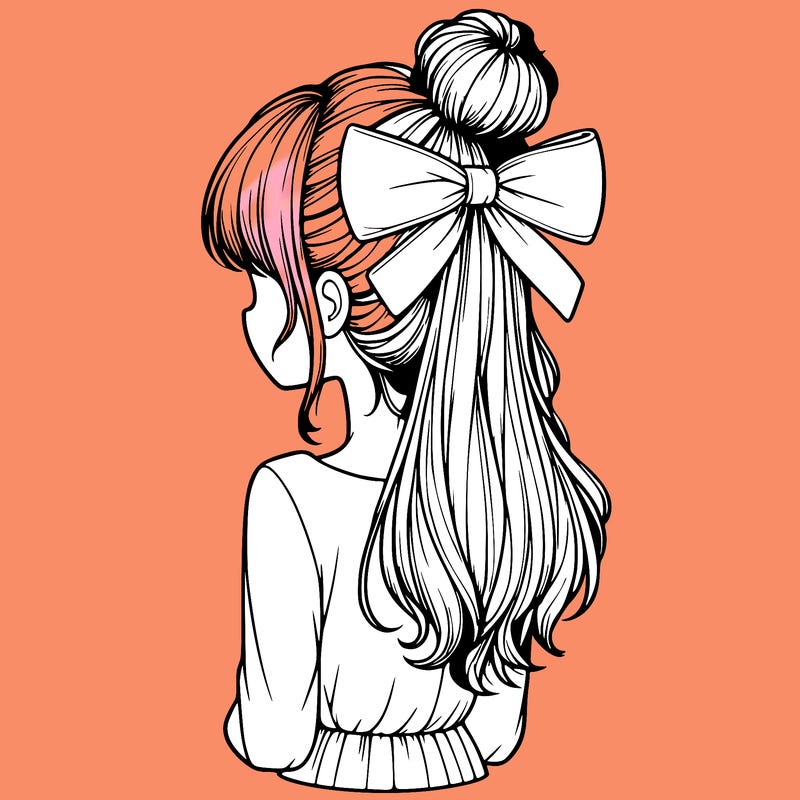 realistic girl  with hip length hair a bun and a big bow on the back of head