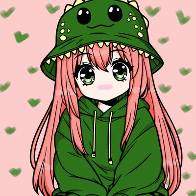 girl with anime shaped eyes with a dinosaur bucket hat oversized sweatshirt long straight hair