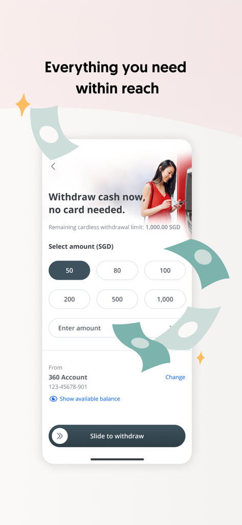 OCBC Singapore - OCBC Singapore mobile app screen showing the cardless cash withdrawal feature with amount selection and slide to withdraw button.