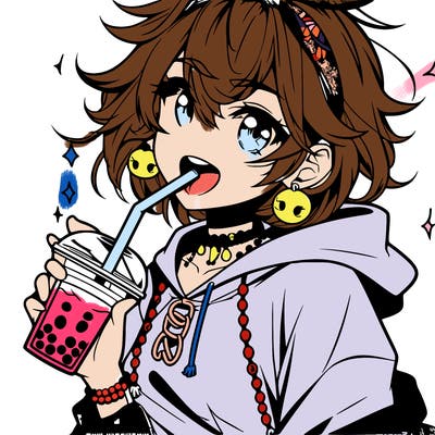 hot baddie anime girl drinking boba and biting the straw