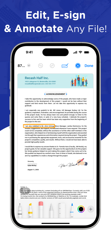 Smart Printer App: iPrint Scan - A smartphone screen showing the Smart Printer app interface for editing, e-signing, and annotating digital documents.