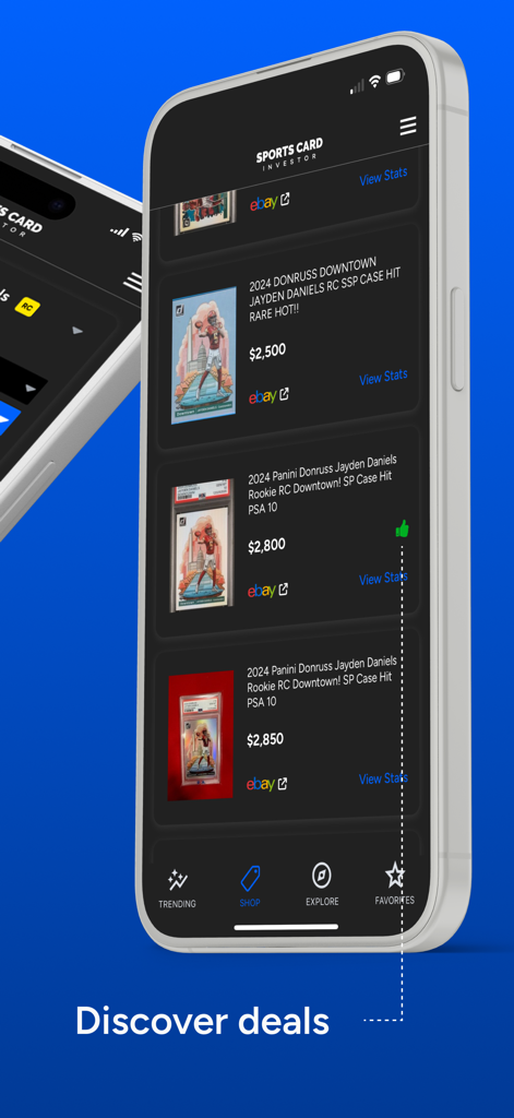 Sports Card Investor - Sports Card Investor app interface showing sports card prices and marketplace deals.