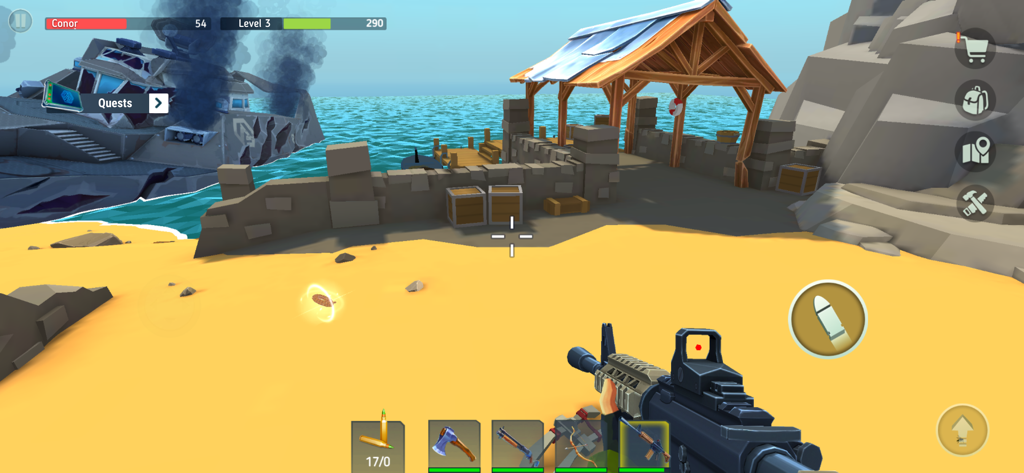 TEGRA: Zombie survival island - Vista de tirador en primera persona de un superviviente sosteniendo un rifle en una base de playa en TEGRA Zombie Survival Island