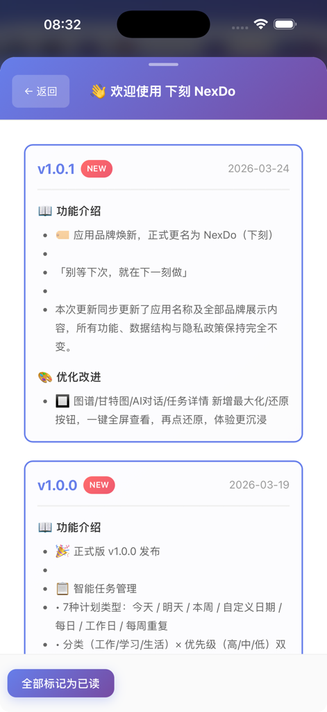 Screenshot of NexDo app release notes displaying version history and new feature updates
